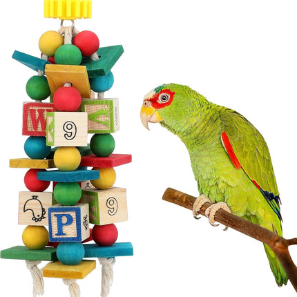 Bird Chewing Toy for Small & Medium Parrots, Wood Blocks & Rope
