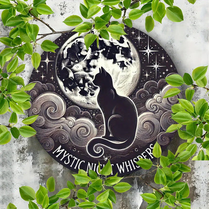 Mystic Whispers Black Cat & Moon 7.8" Iron Wall Art Plaque - Detailed 2D Print for Indoor/Outdoor Home Decor, Ideal Gift