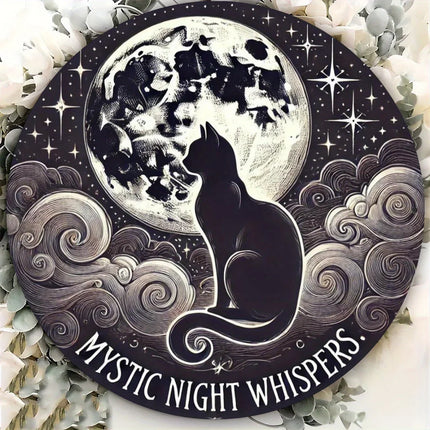 Mystic Whispers Black Cat & Moon 7.8" Iron Wall Art Plaque - Detailed 2D Print for Indoor/Outdoor Home Decor, Ideal Gift