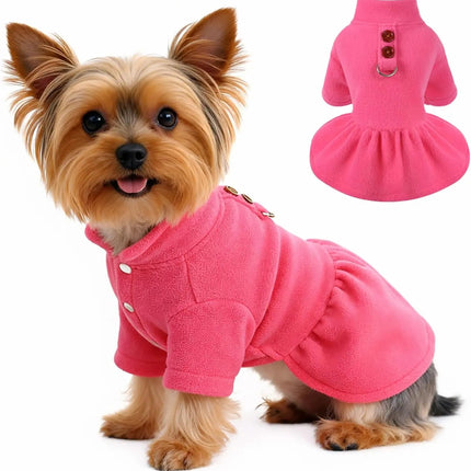 Small Dog Fleece Sweater Dress with Skirt & D-Ring Winter Puppy Outfit