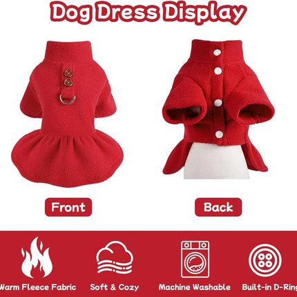 Small Dog Fleece Sweater Dress with Skirt & D-Ring Winter Puppy Outfit