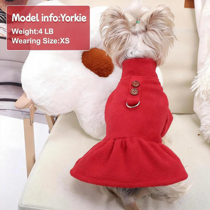 Small Dog Fleece Sweater Dress with Skirt & D-Ring Winter Puppy Outfit