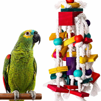 Bird Chewing Toy for Small & Medium Parrots, Wood Blocks & Rope